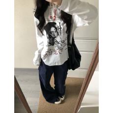 批发纯棉美式复古女孩印花纯棉长袖T恤女休闲<b class='q'>宽松</b><b class='q'>上衣</b>