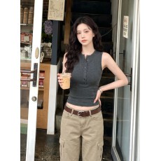 批发<b class='q'>莫代尔</b>棉韩版无袖背心辣妹亨利领上衣女夏薄修身显瘦短袖女