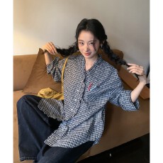 批发S-2XL韩式格子长袖<b class='q'>衬衫</b>女早秋装<b class='q'>上衣</b>韩系日杂通勤艺术系<b class='q'>上衣</b>女