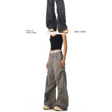 批发美式复古设计感阔腿工装<b class='q'>牛仔裤</b>男女宽松直筒做旧休闲垂感裤子