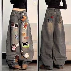 批发美式卡通毛巾绣牛仔裤<b class='q'>男</b>女款潮牌设计感阔腿<b class='q'>裤子</b>宽松百搭拖地长裤