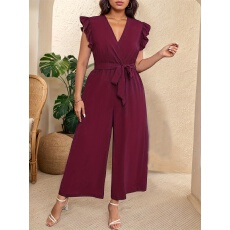 批发大码女士纯色气质简约收腰飞飞袖V领显瘦<b class='q'>连体裤</b>