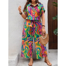 批发大码女士夏季新款度假风不规则花纹印花POLO领遮肉<b class='q'>连体裤</b>