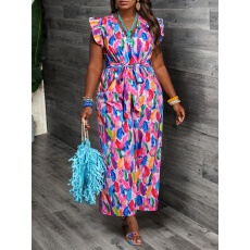 批发大码女士气质优雅休闲飞飞袖收腰遮肉印花夏款<b class='q'>连体裤</b>