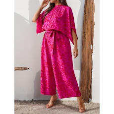 批发大码女士气质优雅花色豹纹圆领设计感腰带阔腿<b class='q'>连体裤</b>