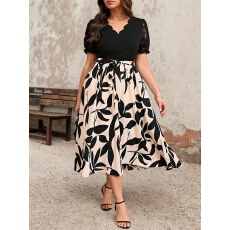 批发大码女士气质优雅V领蕾丝拼接泡泡系带袖收腰显瘦连衣裙<b class='q'>夏</b>款