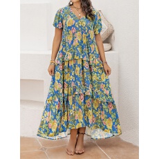 批发D大码女士气质优雅<b class='q'>夏</b>款连衣裙V领荷叶边短袖印花宽松长裙