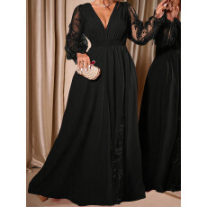 批发大码女士气质优雅深V蕾丝拼接长袖收腰修身<b class='q'>开叉</b>蕾丝内衬<b class='q'>连衣裙</b>