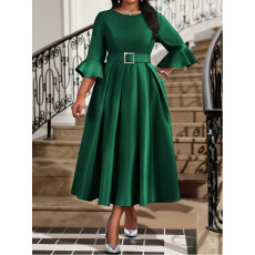 批发大码女士气质优雅圆领喇叭袖收腰显瘦修身A字伞裙<b class='q'>连衣裙</b>