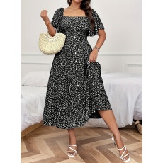 批发大码女士气质优雅荷叶袖方领小碎花印花收腰显瘦<b class='q'>连衣裙</b>