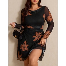 批发<b class='q'>大码</b><b class='q'>女</b>士气质优雅网纱拼接长袖花卉印花收腰显瘦A字<b class='q'>连衣裙</b>