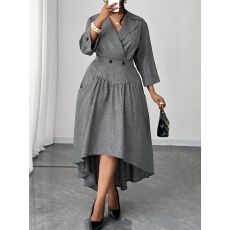 批发<b class='q'>大码</b><b class='q'>女</b>士气质优雅西装领拼接长袖褶皱边口袋收腰显瘦不规则<b class='q'>连衣裙</b>