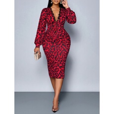 批发大码女士气质优雅蕾丝拼接V领灯笼长袖豹纹印花<b class='q'>包臀</b>收腰<b class='q'>连衣裙</b>