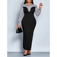 批发大码女士气质优雅条纹衬衫领收腰显瘦<b class='q'>包臀</b>长款<b class='q'>连衣裙</b>