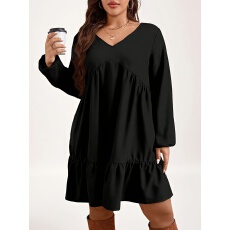 批发<b class='q'>大码</b><b class='q'>女</b>士气质优雅V领泡泡袖长袖宽松荷叶边<b class='q'>连衣裙</b>