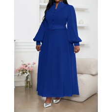 批发大码女士气质优雅纯色V纽扣灯笼袖系带收腰显瘦连衣裙