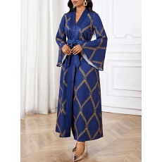 批发大码女士气质优雅V领烫金几何纹<b class='q'>喇叭袖</b>系带收腰显瘦开叉<b class='q'>连衣裙</b>