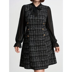 批发大码女士气质优雅系带圆领网纱长袖收腰显瘦格纹<b class='q'>连衣裙</b>