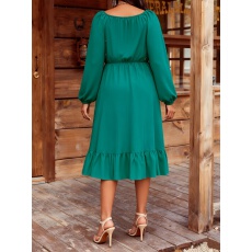 批发大码女士气质优雅心型V领刺绣松紧袖收腰显瘦荷叶边连衣裙