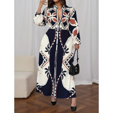 批发大码女士气质优雅V领泡泡袖几何印花收腰直筒连衣裙