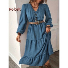 批发大码女士气质优雅纯色V领<b class='q'>泡泡袖</b>收腰修身荷叶边<b class='q'>连衣裙</b>