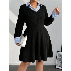 批发大码女士气质优雅衬衫领撞色长袖修身A字连衣裙