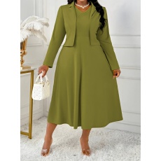 批发大码女士气质优雅纯色两件套，长袖短款<b class='q'>西装</b>外套V领A字中长连衣<b class='q'>裙</b>