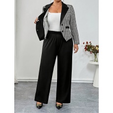 批发大码女士气质优雅两件套装，格纹翻领外套+纯色修身长裤