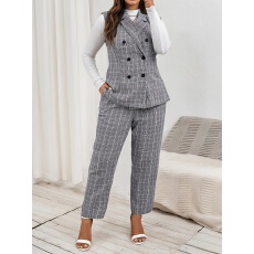 批发<b class='q'>大码</b>女士气质优雅收腰千鸟格无袖翻领马甲上衣&长裤两件套