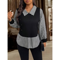 批发大码女士气质简约条纹Polo领拼接纯色宽松长袖上衣