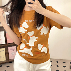 批发实拍 40支1*1螺纹大码<b class='q'>卡通</b>可爱小狗毛巾绣短袖<b class='q'>t</b><b class='q'>恤</b>女小众短款上衣