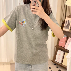 批发实拍 双色曼巴棉210克 大码设计刺绣短袖T恤女宽松<b class='q'>情侣</b><b class='q'>韩版</b>通勤