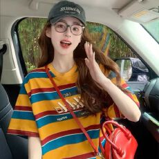 批发双纱条纹 大码300斤条纹设计<b class='q'>短袖</b>T恤女宽松<b class='q'>情侣</b><b class='q'>韩版</b>通勤潮流上衣