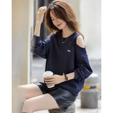 批发曼巴棉260g 大码宽松设计感长袖T恤女露肩卫衣个性休闲风潮牌上衣