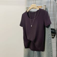 批发优可丝竹节棉 短袖T恤女夏季休闲U领修身设计款女装上衣潮200斤