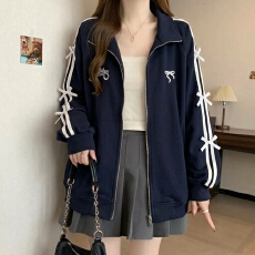 批发纯棉华棉复合牛奶丝320g大码宽松设计感长袖卫衣<b class='q'>开衫</b>蝴蝶结外套潮