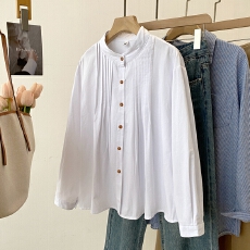 批发实拍日系文艺风琴褶白色衬衫女设计感圆领长袖小众上衣