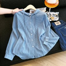 批发实拍蓝色细格纹连帽<b class='q'>衬衫女</b>春夏新款韩系宽松透气棉麻防晒衫上衣