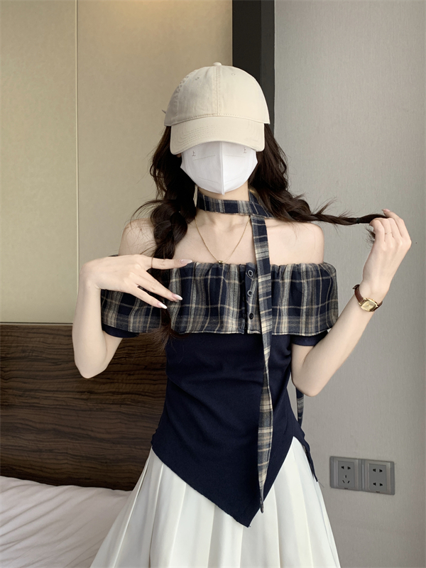 夏季韩版一字肩荷叶边格纹拼接T...