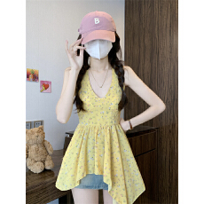 批发实拍实价夏季设计感复古<b class='q'>碎花</b>V领挂脖吊带背心女减龄气质显瘦上衣