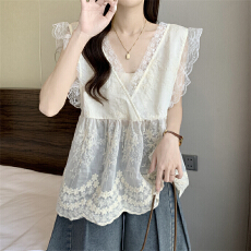 批发实拍实价 夏季蕾丝拼接法式v领小飞袖<b class='q'>背心</b>女宽松荷叶边百搭上衣