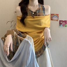 批发实拍实价 夏季韩系假两件格纹挂脖拼接露肩短袖T恤女修身显瘦上衣