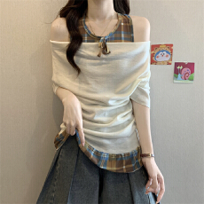 批发实拍实价 夏季韩系假两件格纹挂脖拼接露肩短袖T恤女修身显瘦上衣