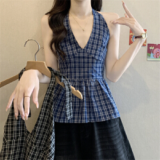 批发实拍实价 夏季纯欲辣妹格子挂脖吊带背心女修身显瘦韩版上衣