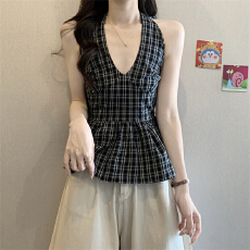 批发实拍实价 夏季纯欲辣妹格子挂脖吊带背心女修身显瘦韩版上衣