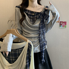 实拍实价 设计感荡领假两件格纹绑带长袖T恤女修身显瘦百搭上衣