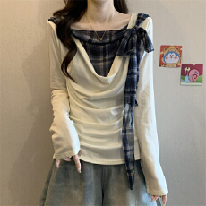 实拍实价 设计感荡领假两件格纹绑带长袖T恤女修身显瘦百搭上衣