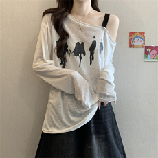 实拍实价 春季新款设计感人物印花露肩长袖女慵懒宽松显瘦百搭T恤