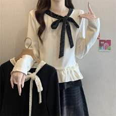 实拍实价 秋冬新款设计感法式复古蝴蝶结领口拼接针织打底上衣