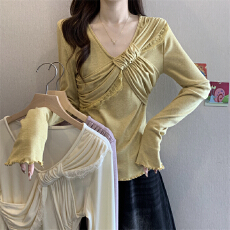 实拍实价 秋季简约法式大蝴蝶结拼接蕾丝修身小衫